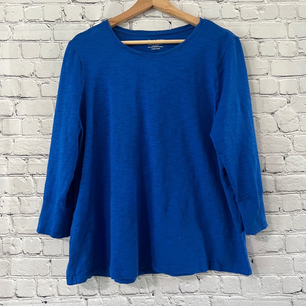 Chico's Women's Size 3 XL Blue Knit 3/4 Sleeve Button Career Cuff Top Blouse